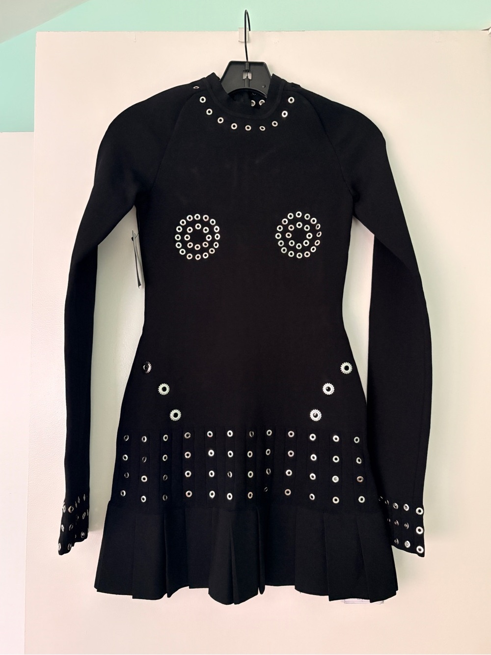 Off-White Black Long-Sleeve Eyelet-Embellished Mini Dress